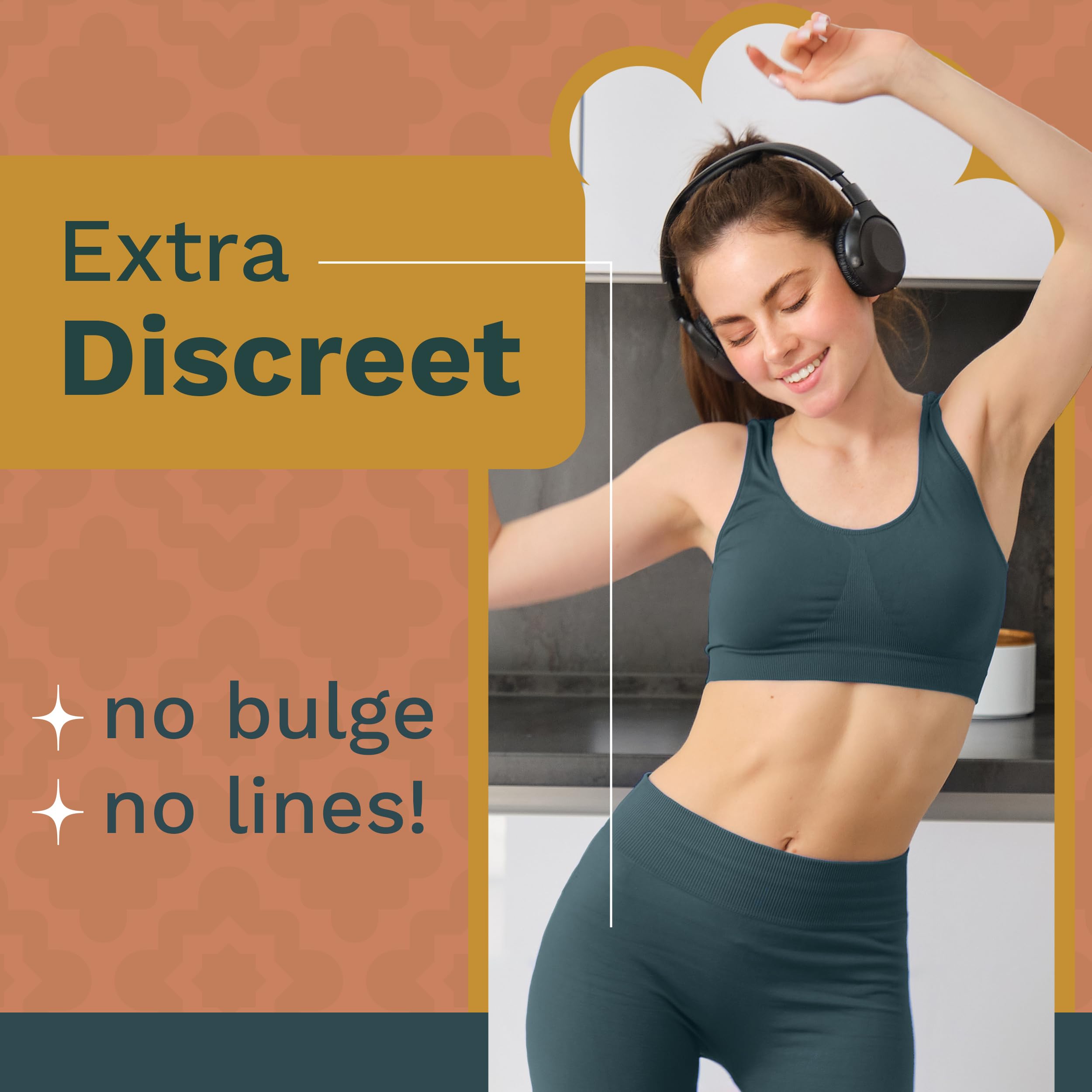 Nia Vertue cameltoe concealer with no glue stays in place for yoga.