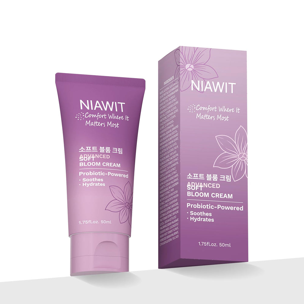 NIAWIT Soft Bloom Cream bottle close-up showing hydration for intimate skin