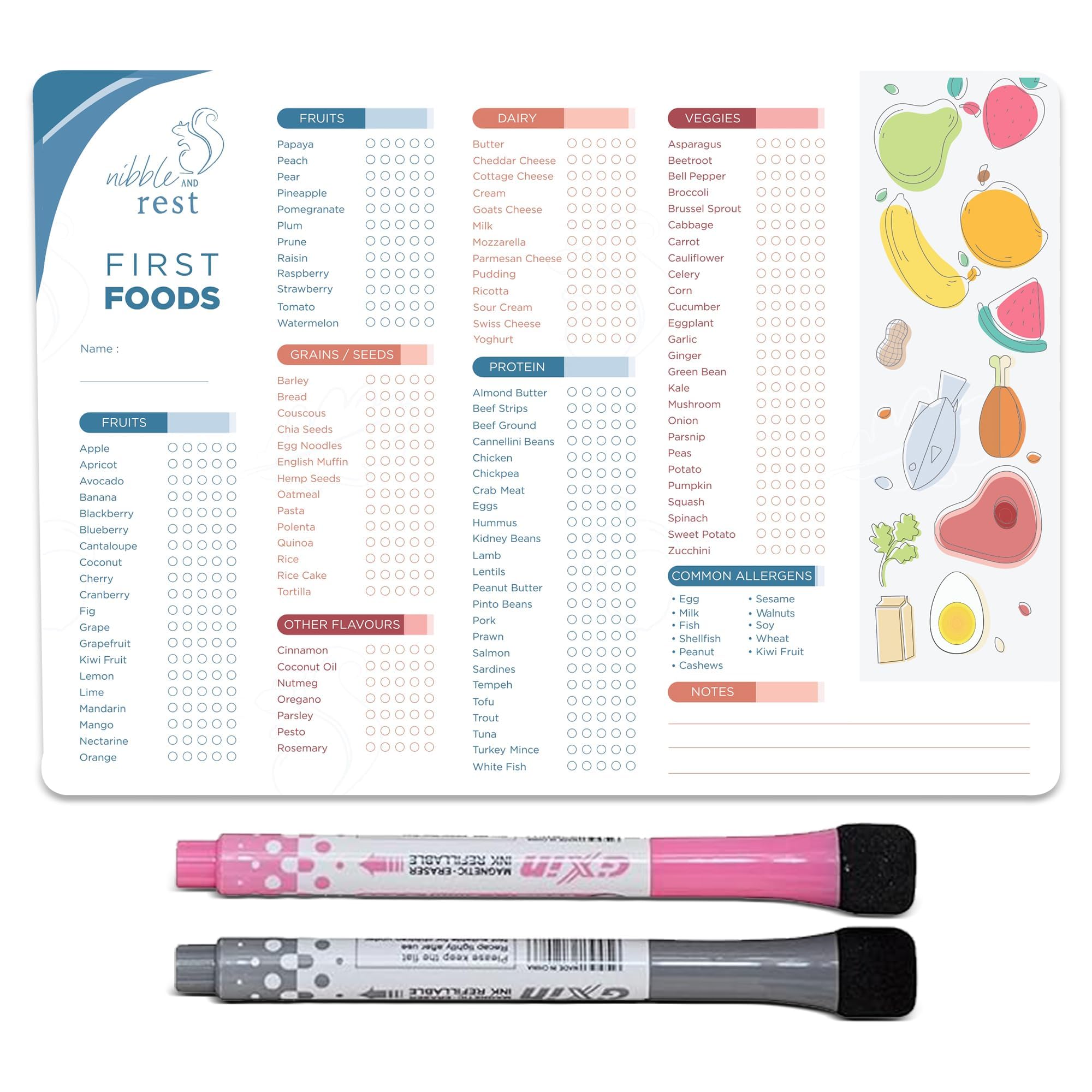 Nibble and Rest first-food-tracker fridge magnet helps plan baby's meals with clear checkboxes.