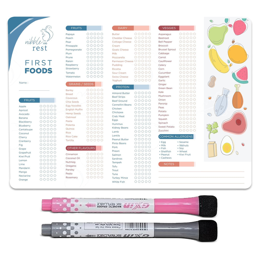 Nibble and Rest first-food-tracker fridge magnet helps plan baby's meals with clear checkboxes.