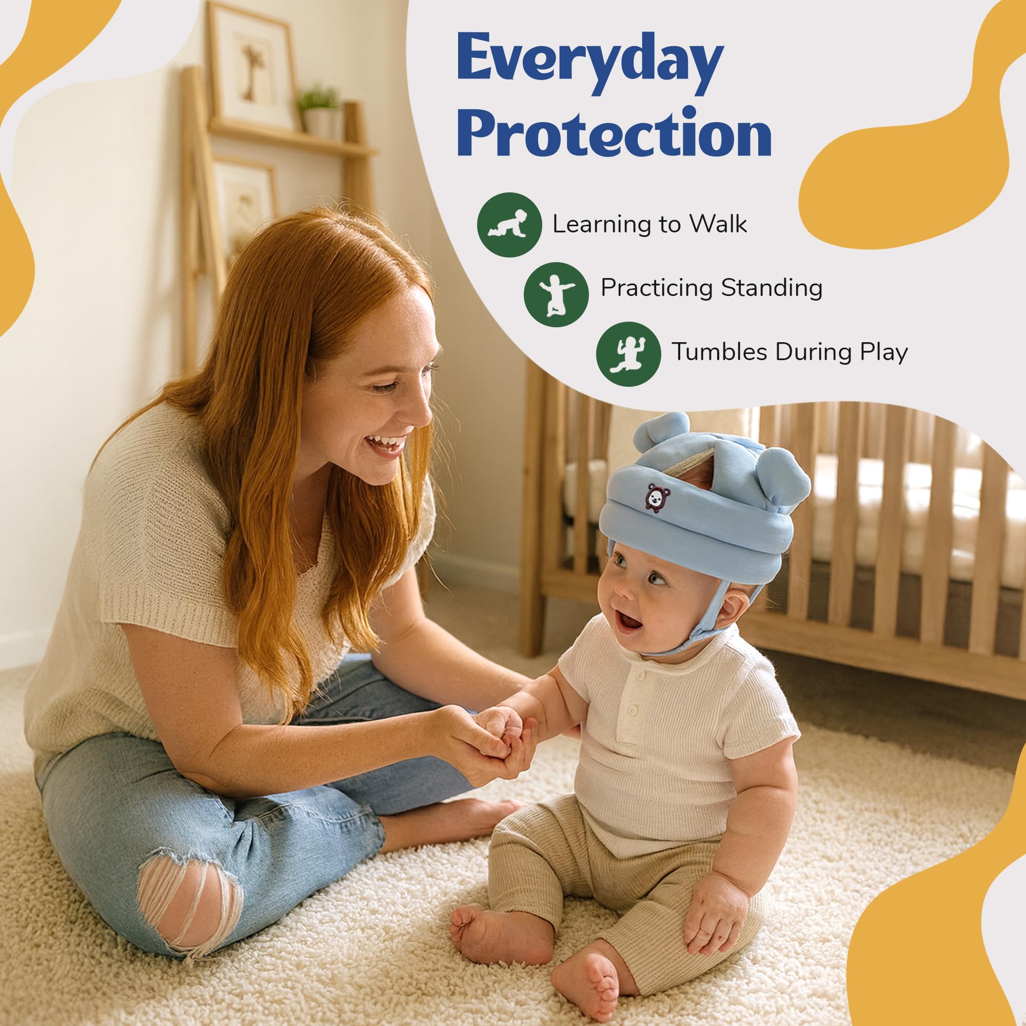 Crawling and walking safety with Nibelloo helmet at home, daycare, or park