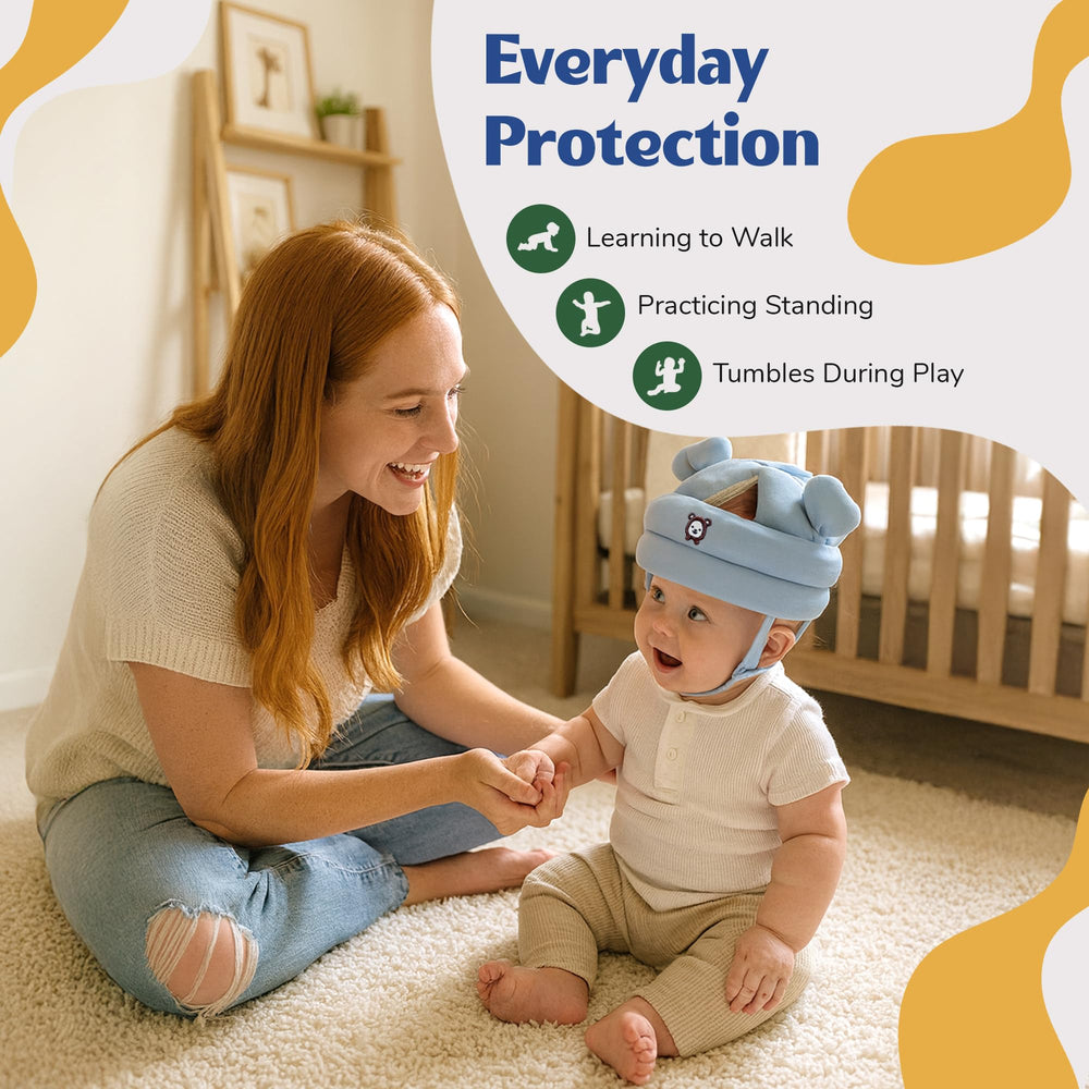 Crawling and walking safety with Nibelloo helmet at home, daycare, or park