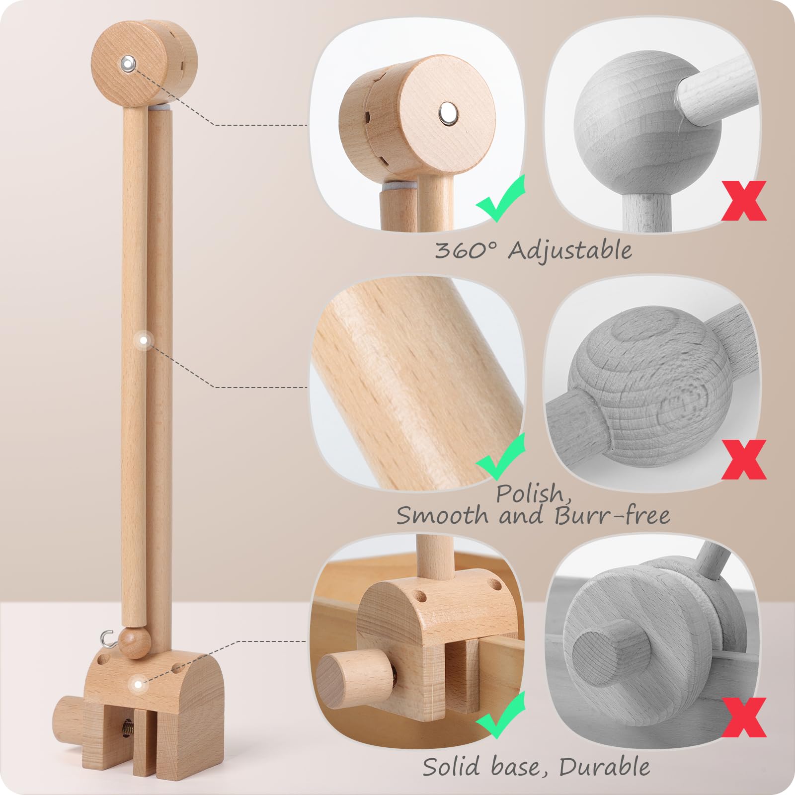 NICEMER Baby Crib Arm wood finish highlights natural beech texture and warmth.