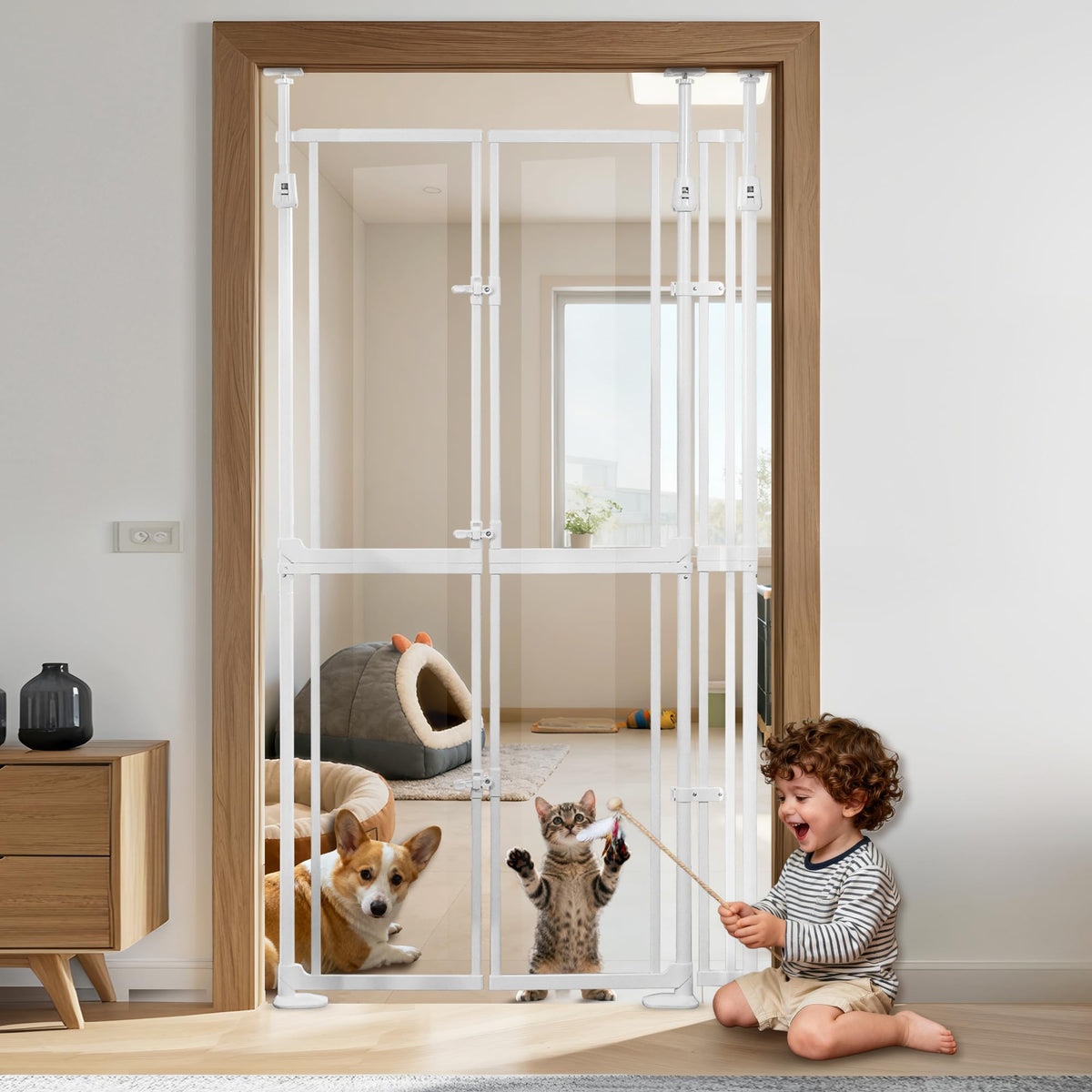 NiceTCU extra tall cat gate in doorway for safe containment and clear visibility.