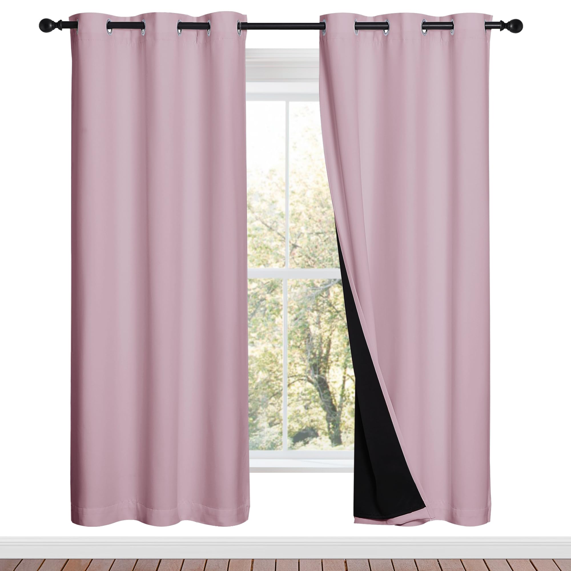 NICETOWN baby pink blackout curtains 2-panel set blocks daylight for restful mornings.