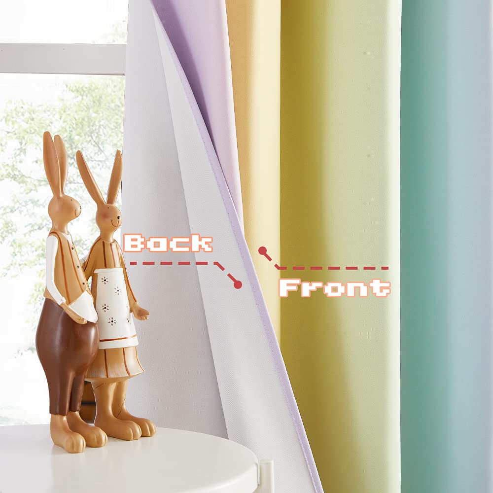 NICETOWN rainbow curtains close-up reveals soft fabric and strong light blocking for calmer rooms.