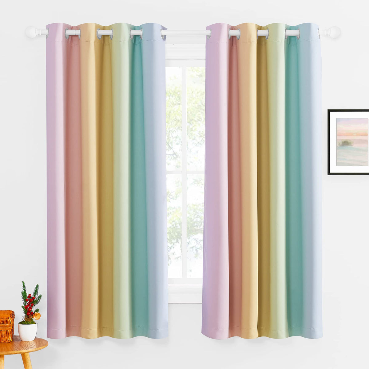 NICETOWN rainbow curtain panel 1 shows bold ombre stripes for a bright child’s room with cozy privacy.
