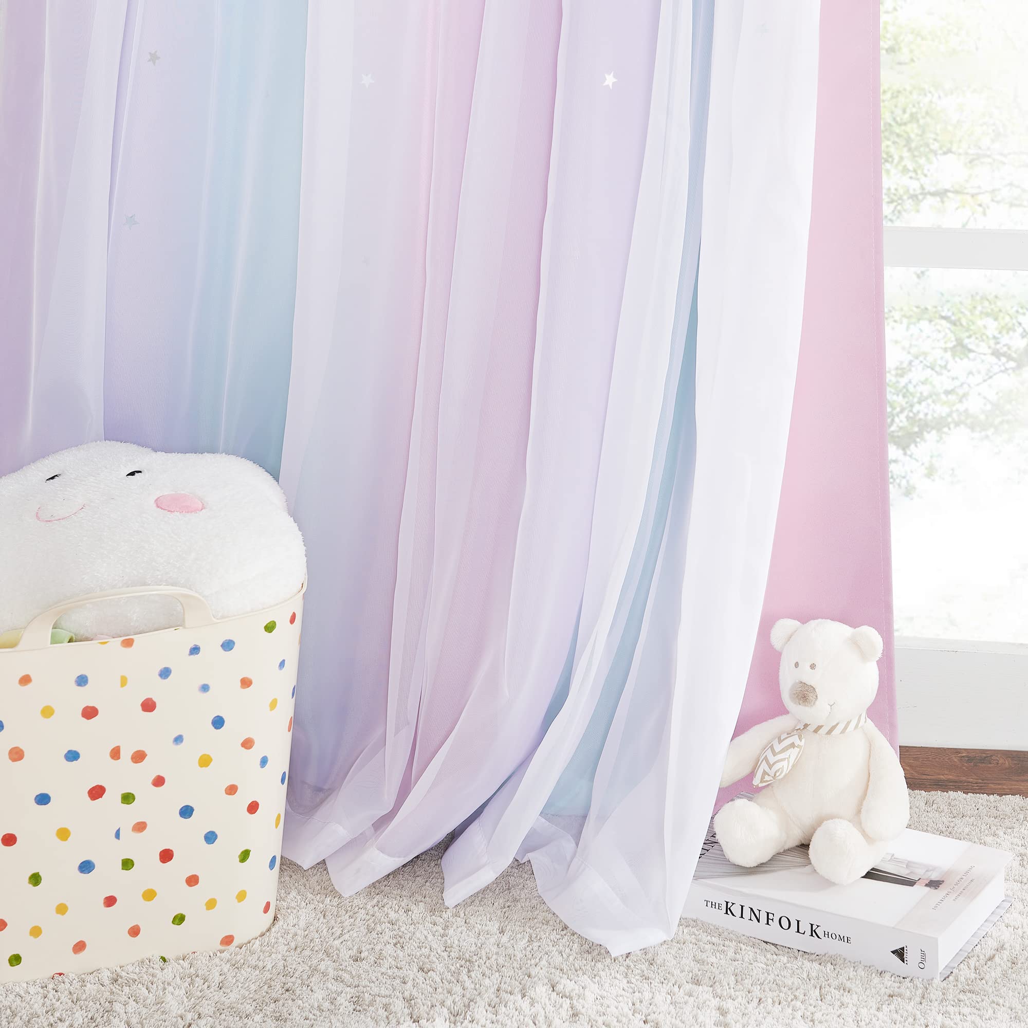 NICETOWN purple-pink-blue curtains add vibrant color to kids’ room.