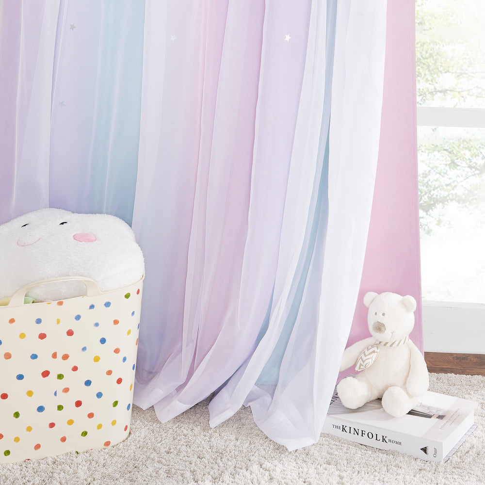 NICETOWN purple-pink-blue curtains add vibrant color to kids’ room.