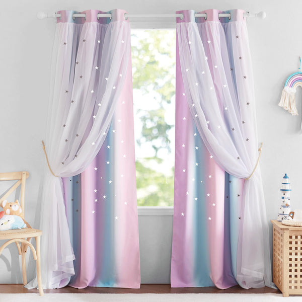 NICETOWN star-cutout rainbow curtains brighten a girls room with light control.