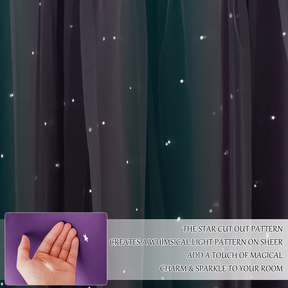 NICETOWN dual-layer curtains in teal and purple enhance privacy and mood.