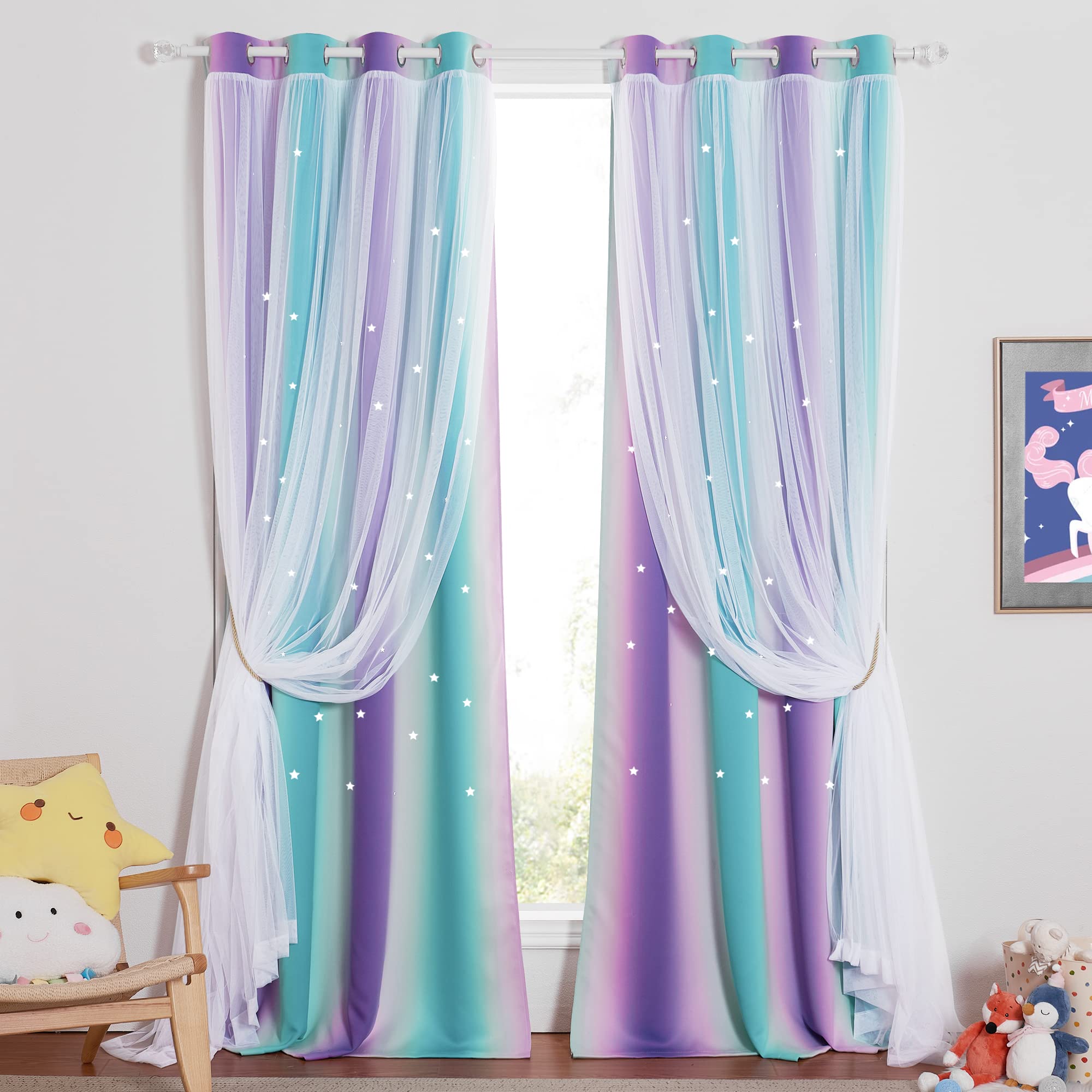NICETOWN gradient-star curtains in teal and purple for a dreamy nursery ambiance