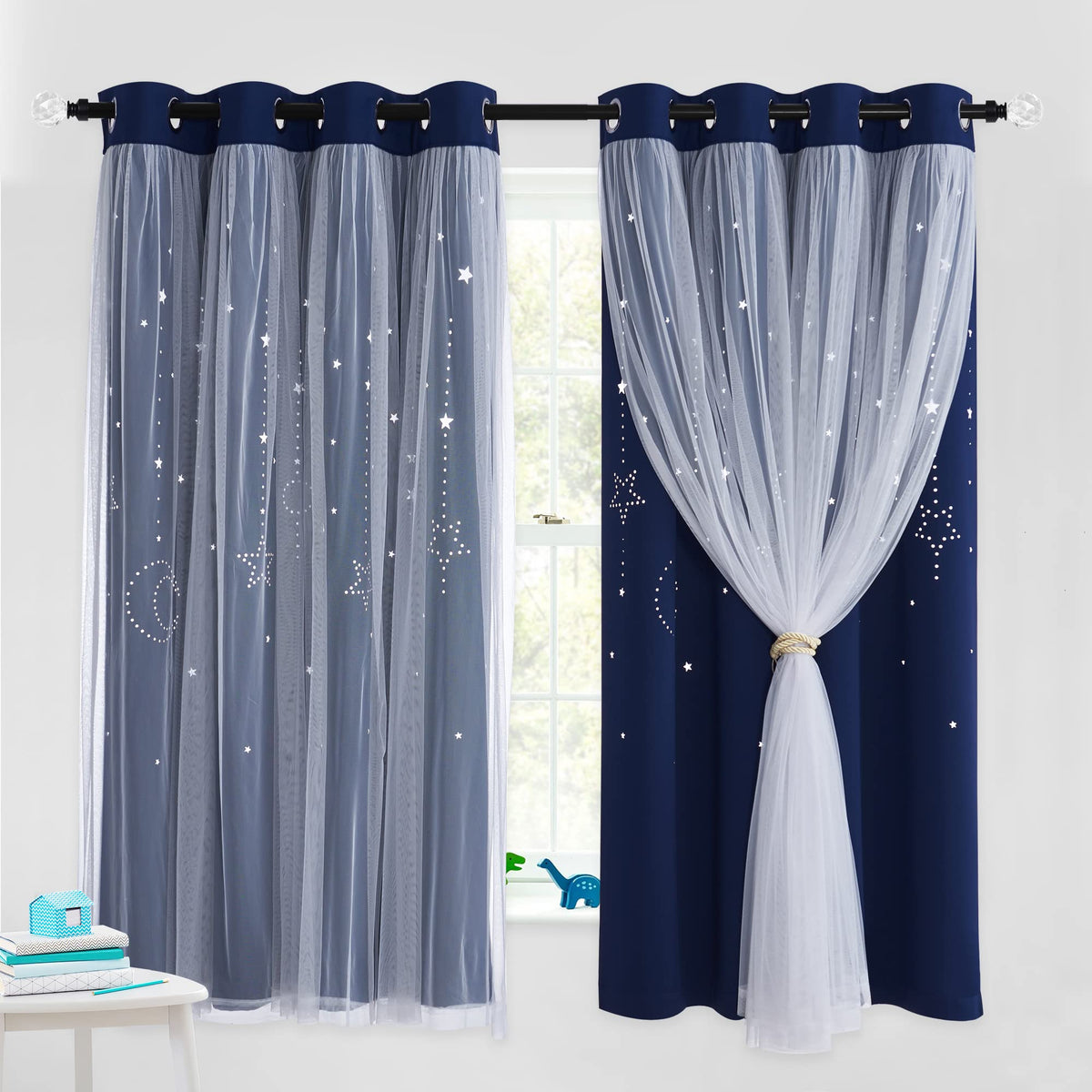 NICETOWN kids curtains with moon and stars cutouts create a dreamy light display.