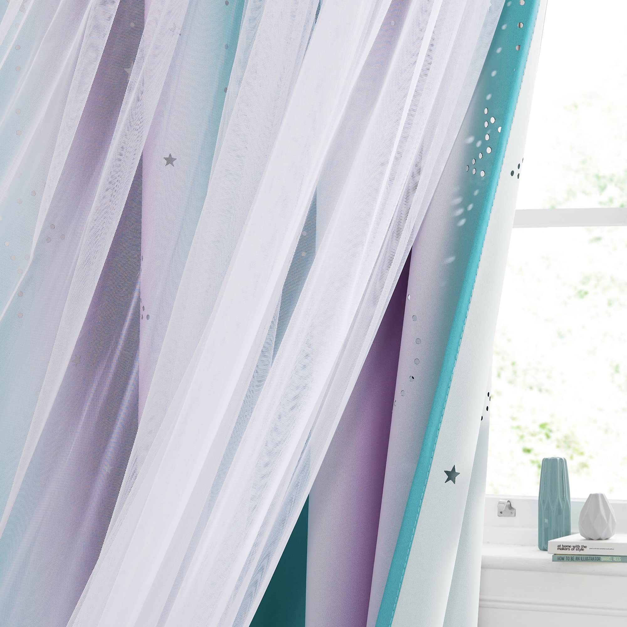 NICETOWN Moon Star Curtains measure 52 wide by 84 long in teal and purple.