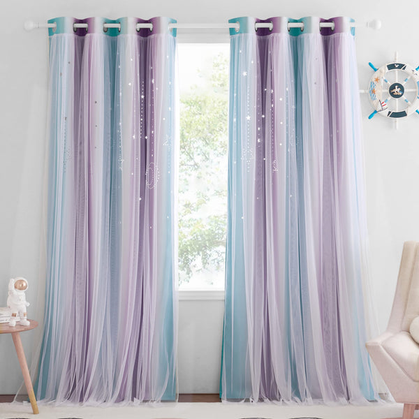 NICETOWN Moon Star Curtains show hollow-star shapes that filter light gently for a dreamy nursery.