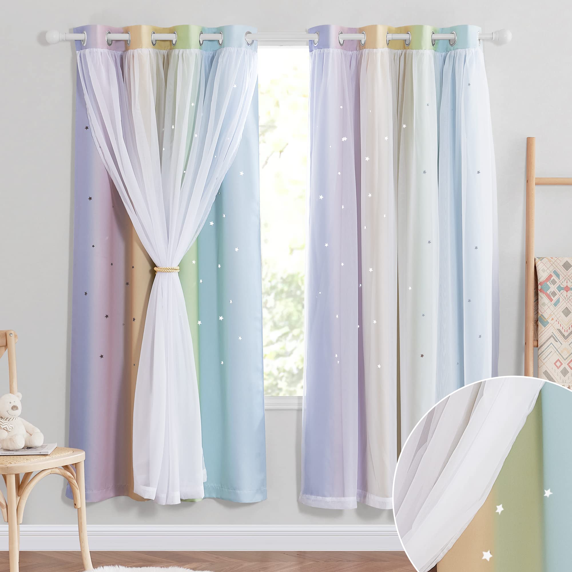 NICETOWN star-cutout nursery curtains create twinkling light patterns for a dreamy kids' room