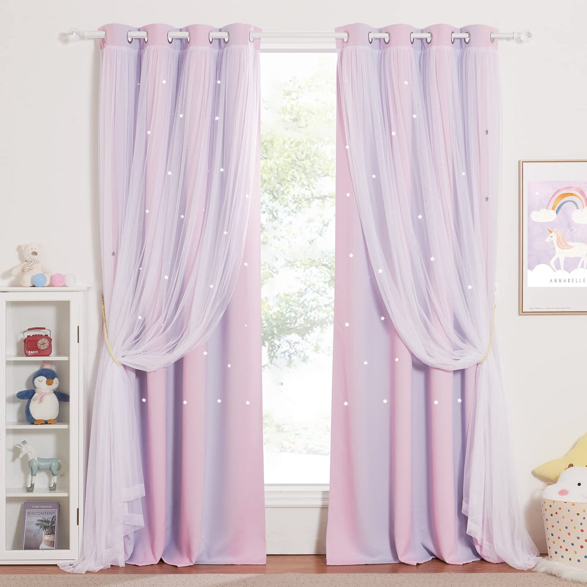 NICETOWN nursery star curtains pink purple, dreamy glow for peaceful mornings.