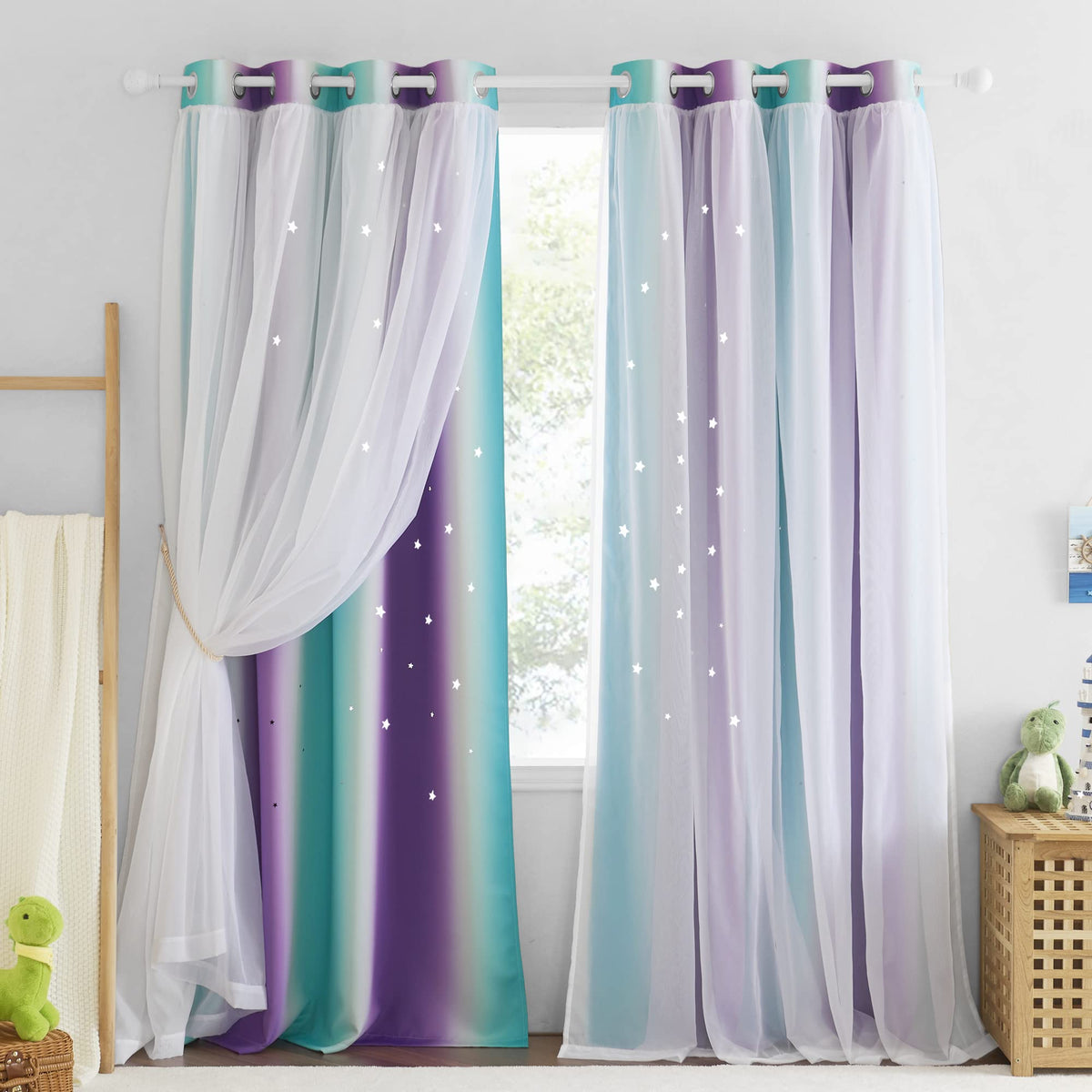 NICETOWN ombre sheer layer over blackout panels for flexible light control.