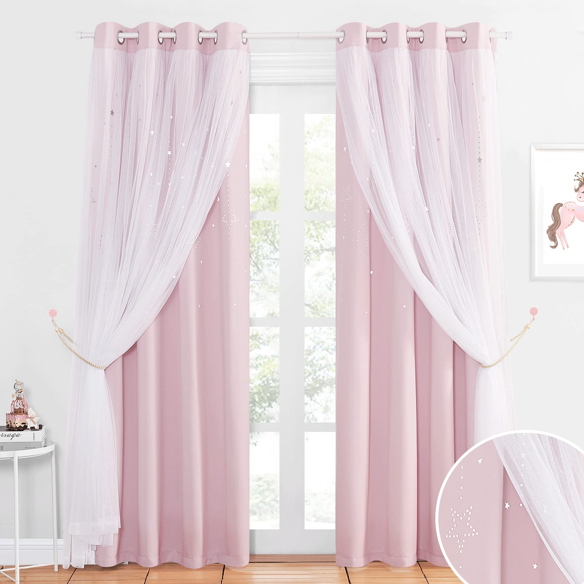 NICETOWN pink double-layer blackout curtains with star cutouts provide privacy and style.