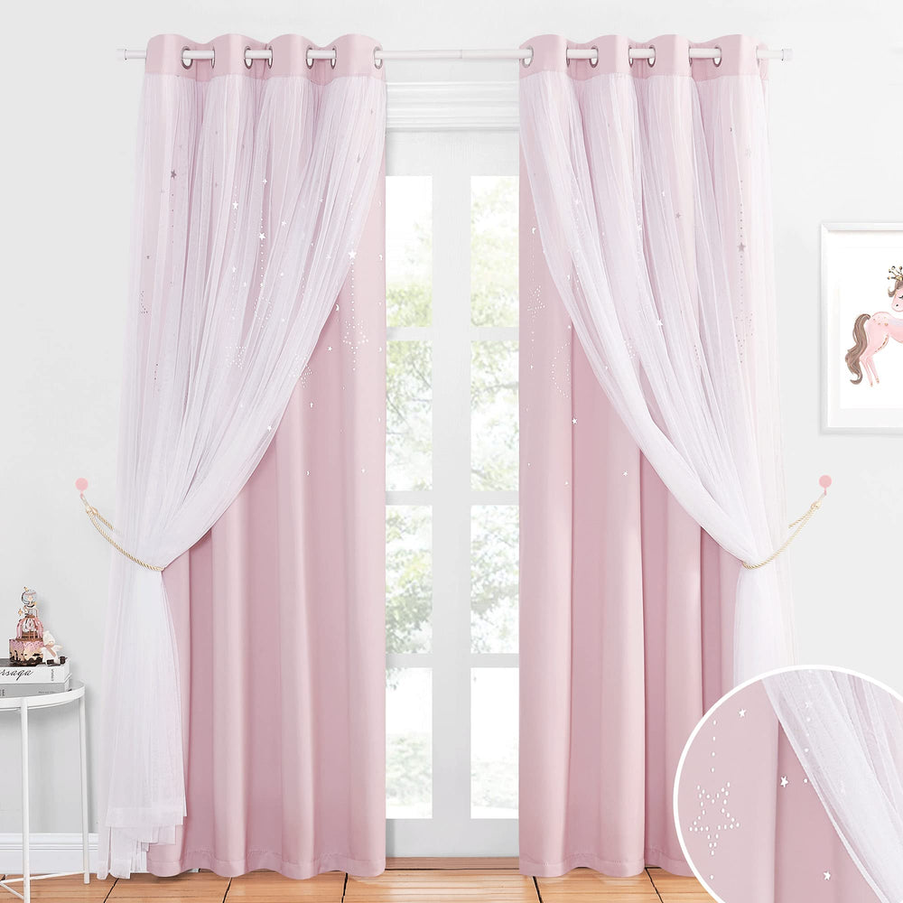 NICETOWN pink double-layer blackout curtains with star cutouts provide privacy and style.