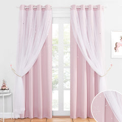 NICETOWN pink double-layer blackout curtains with star cutouts provide privacy and style.