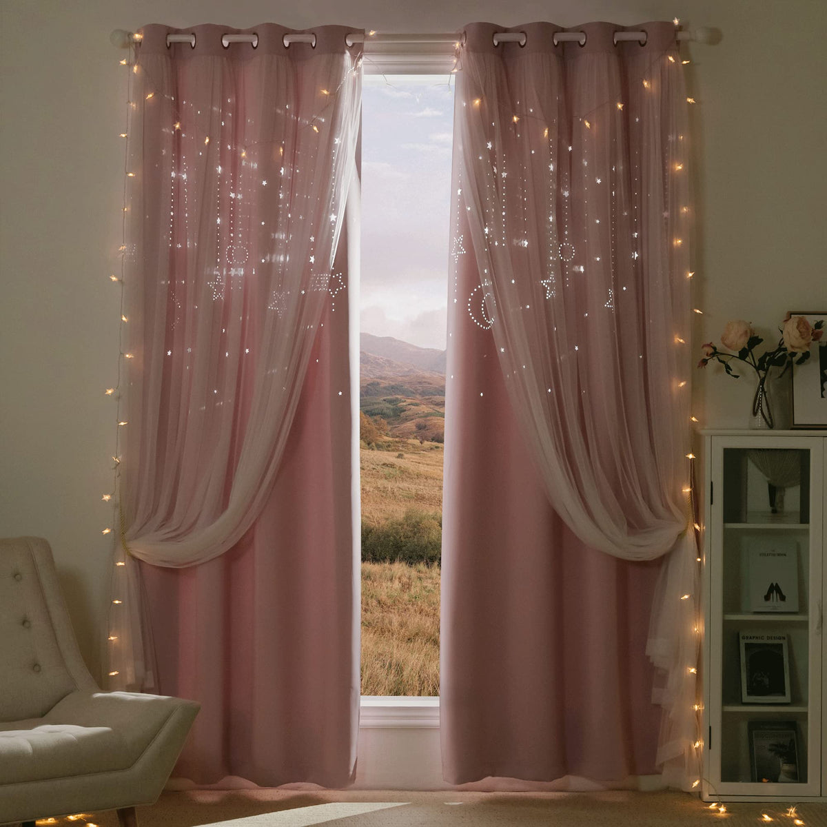 NICETOWN pink curtains with moon and star cutouts create dreamy bedroom ambiance.