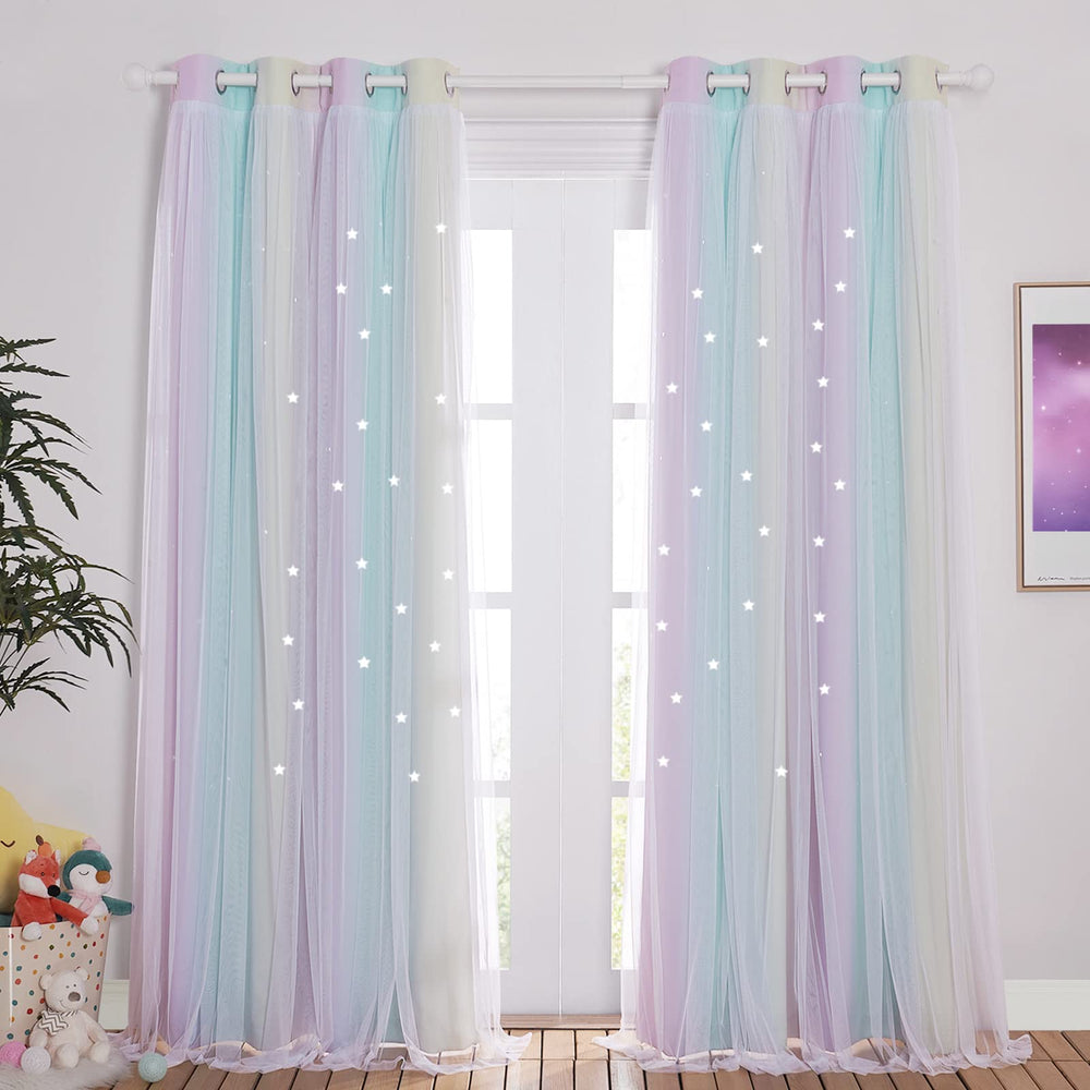 NICETOWN star-cut curtains with white gauze add whimsical softness to a girl's room.