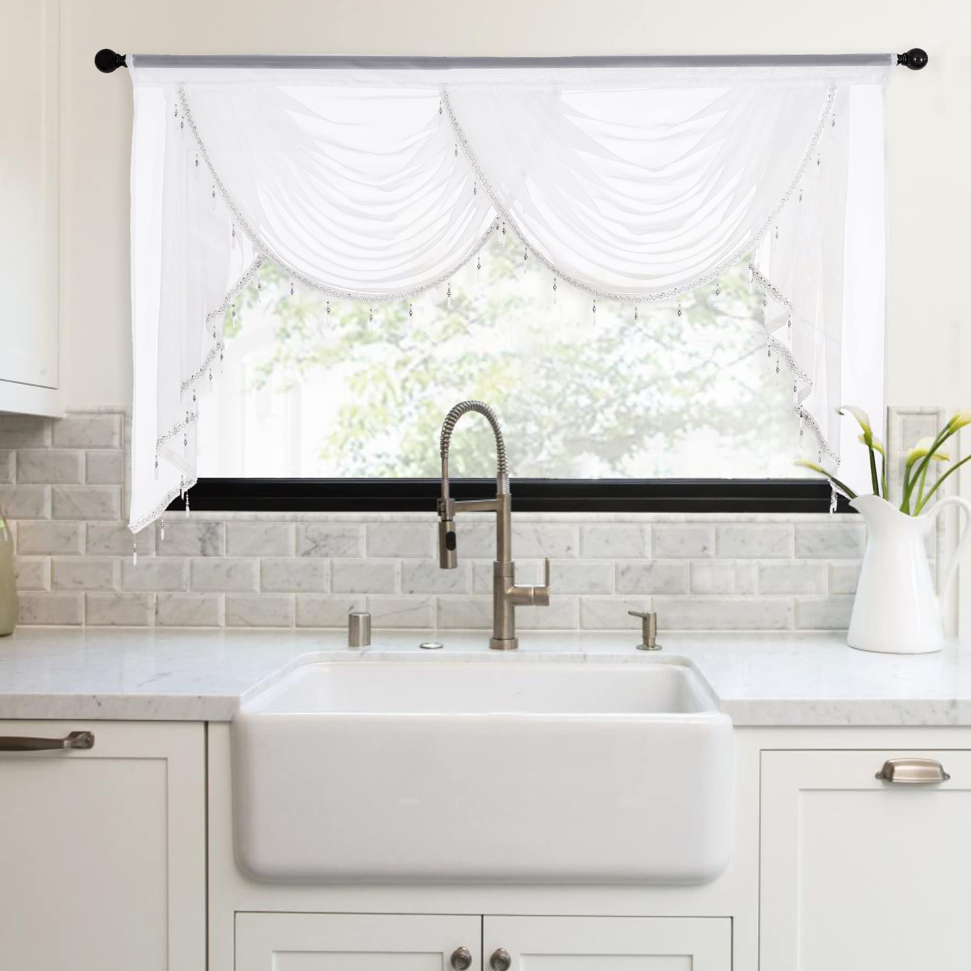 NICETOWN swag valance in white for living room, soft light and elegant ambiance.