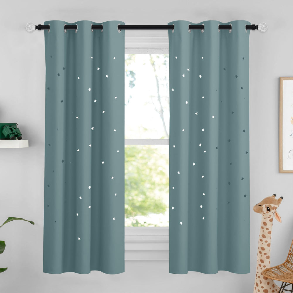 NICETOWN Twinkle Curtain with hollow star cut-outs decorates a child's room and shapes light.
