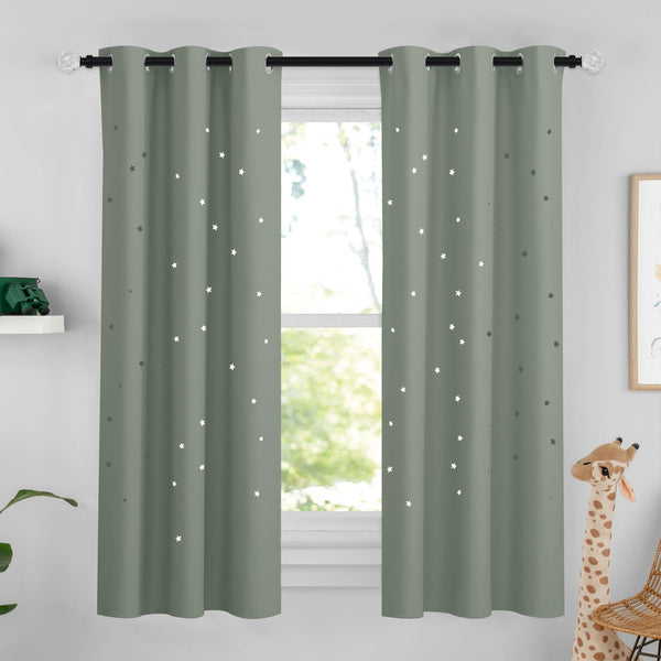 NICETOWN Twinkle Stars curtain close-up with hollow star cutouts in sage green.