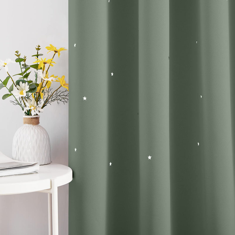 NICETOWN Sage green curtain providing daytime privacy in a child's room.