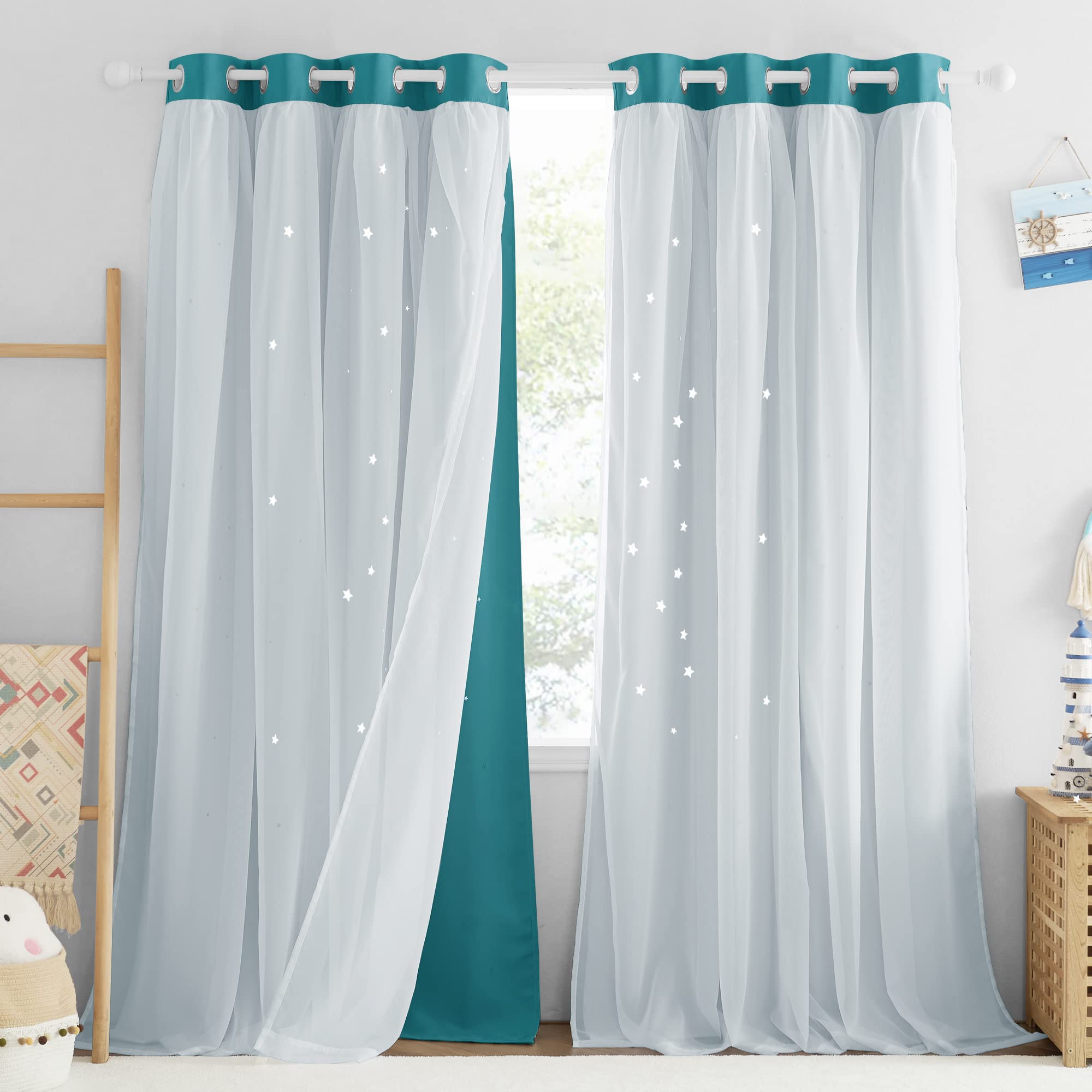 NICETOWN two-panel set includes tiebacks for both functional and decorative styling.