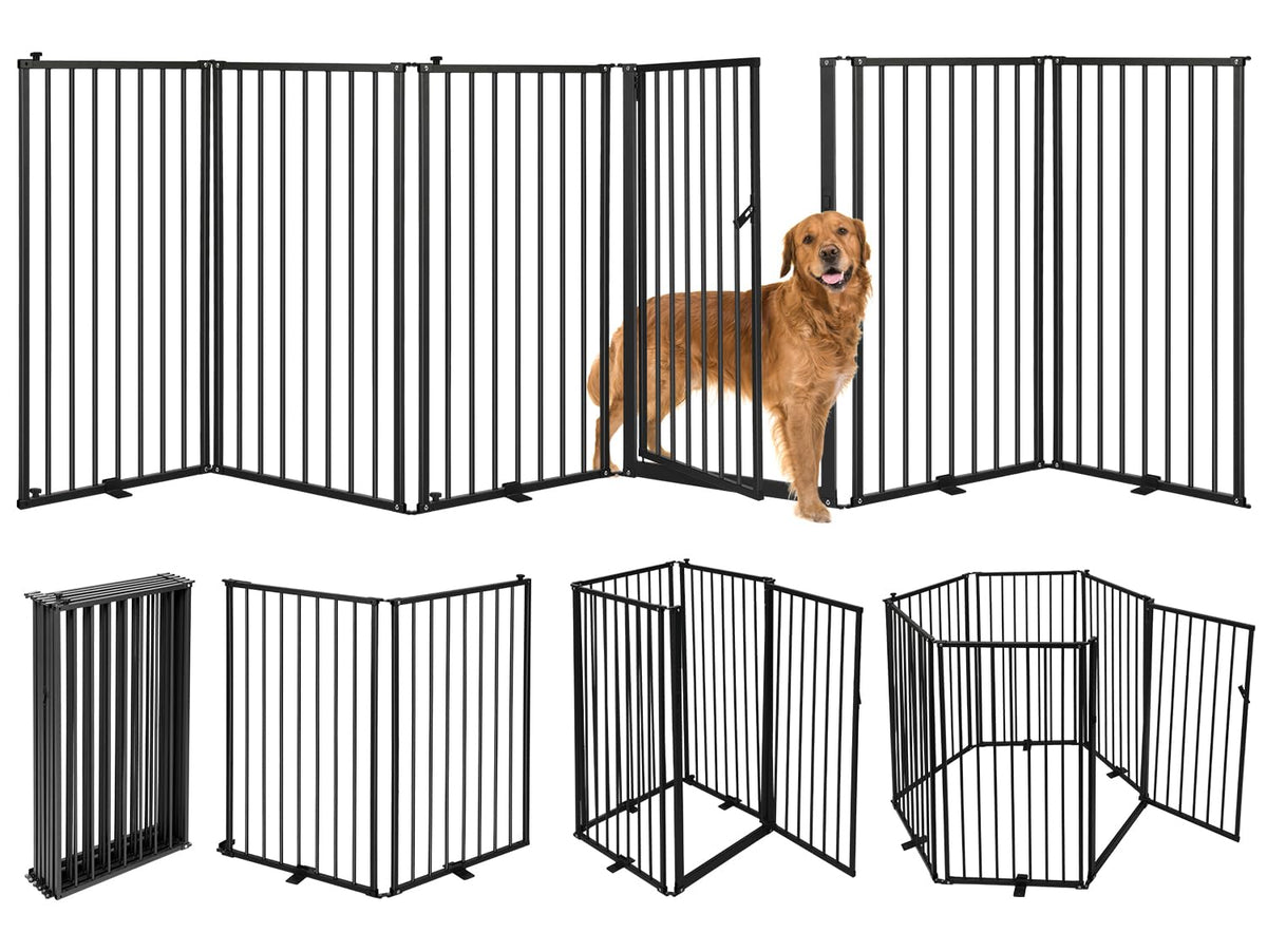 Nidouillet six-panel metal dog gate in versatile indoor/outdoor setup.