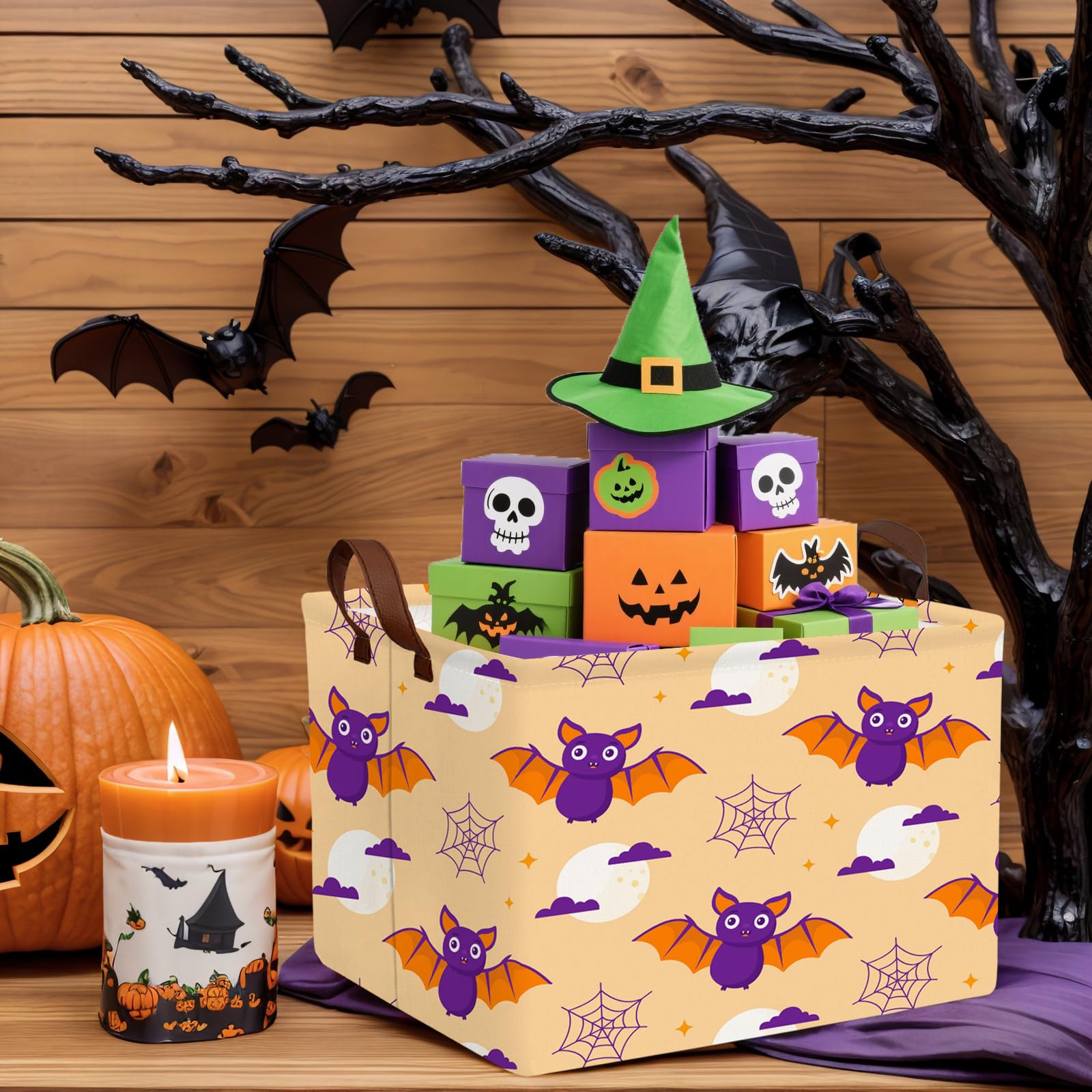 NIETEIN bat-design canvas bin adds playful Halloween decor.