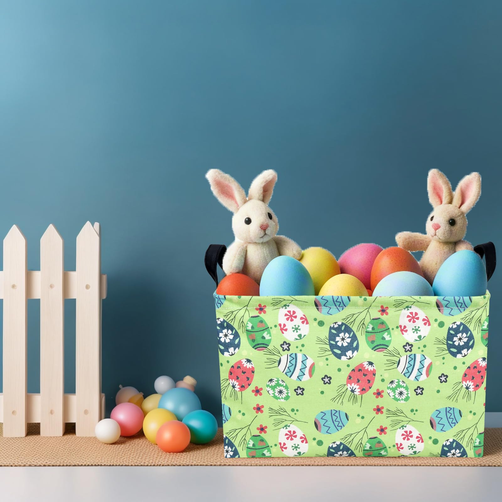 NIETEIN Kid Large Empty Easter Basket in living room complements decor while organizing toys.