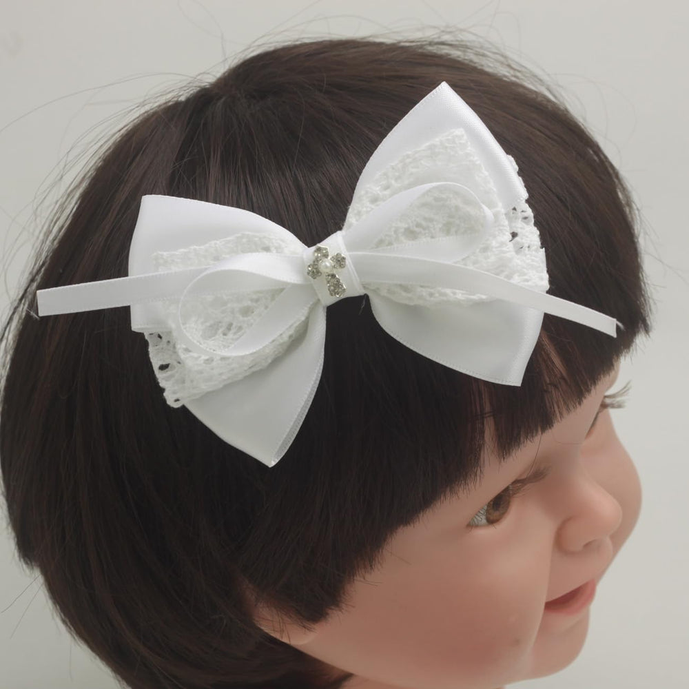 Nihao Baby white lace bow with cross accent for baptism moments.