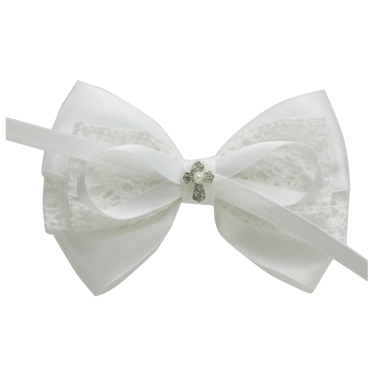 Nihao Baby white lace bow 4in clip for christening outfits and photos.