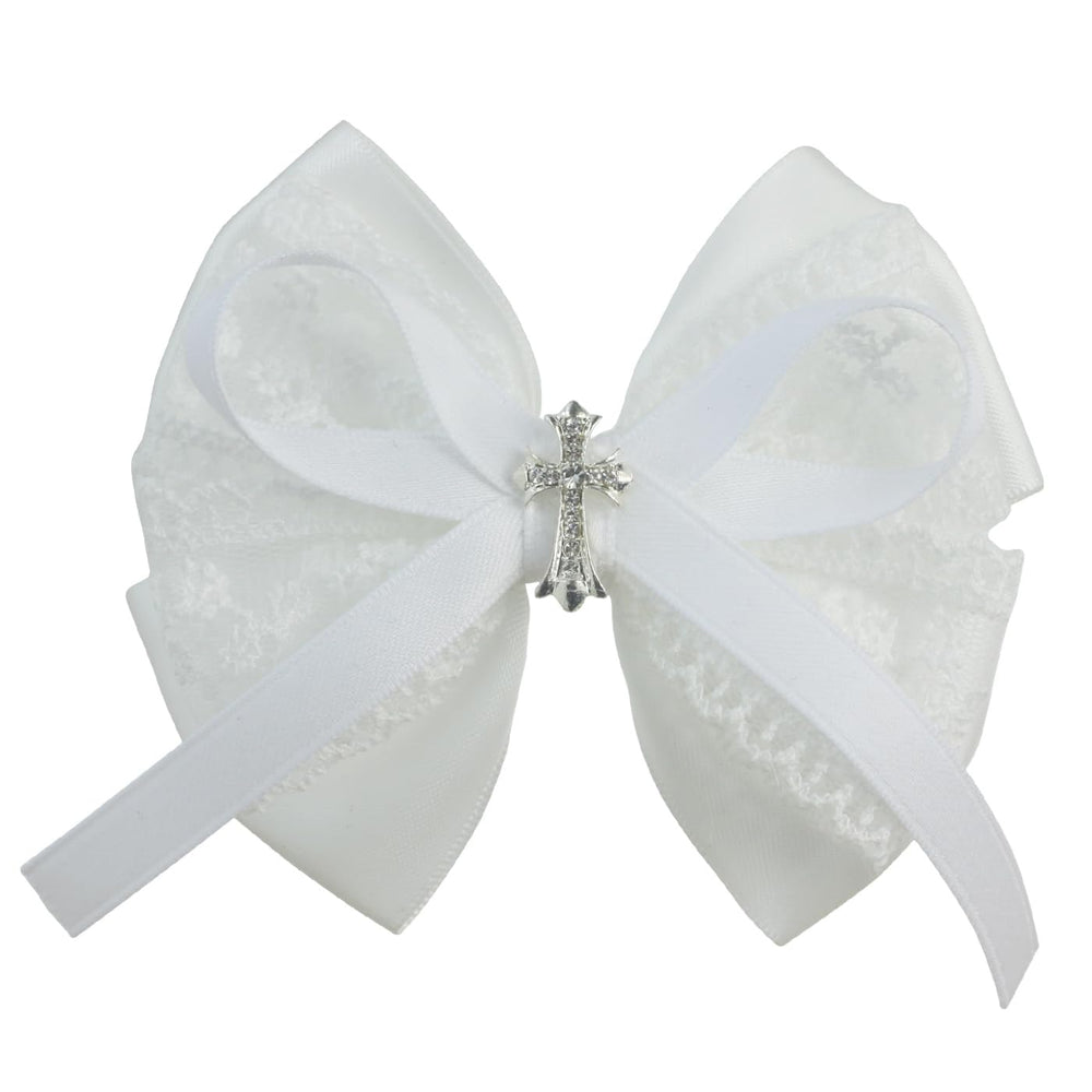 Nihao Baby white lace bow with cross for baptism ceremonies.
