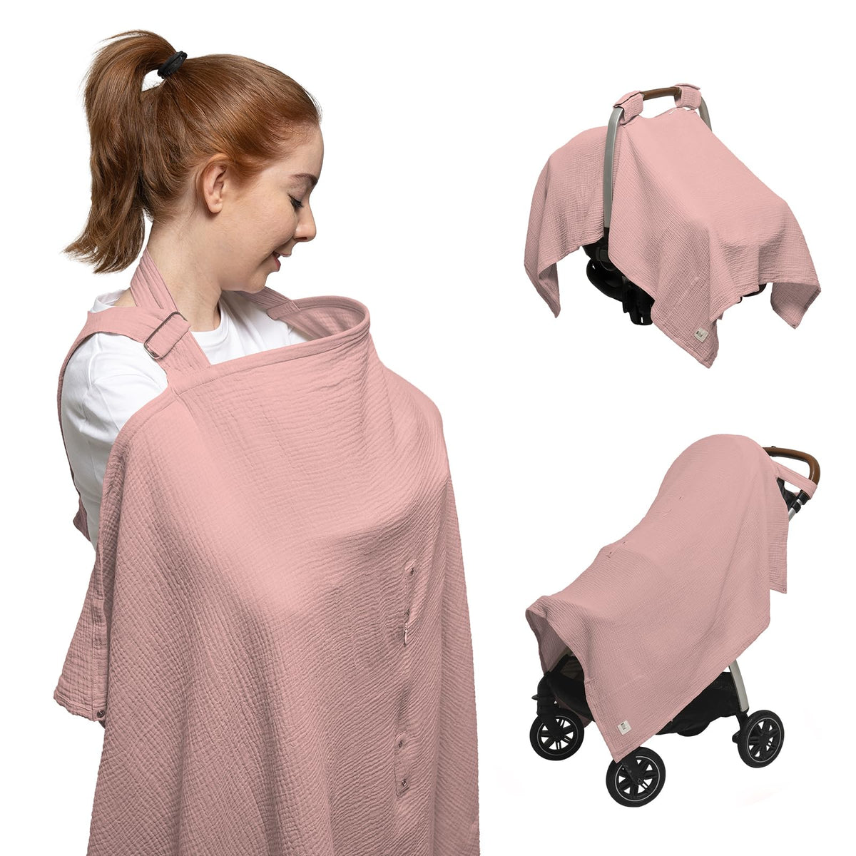 Nilsa 5-in-1 nursing cover with arch neckline for eye contact and airflow.