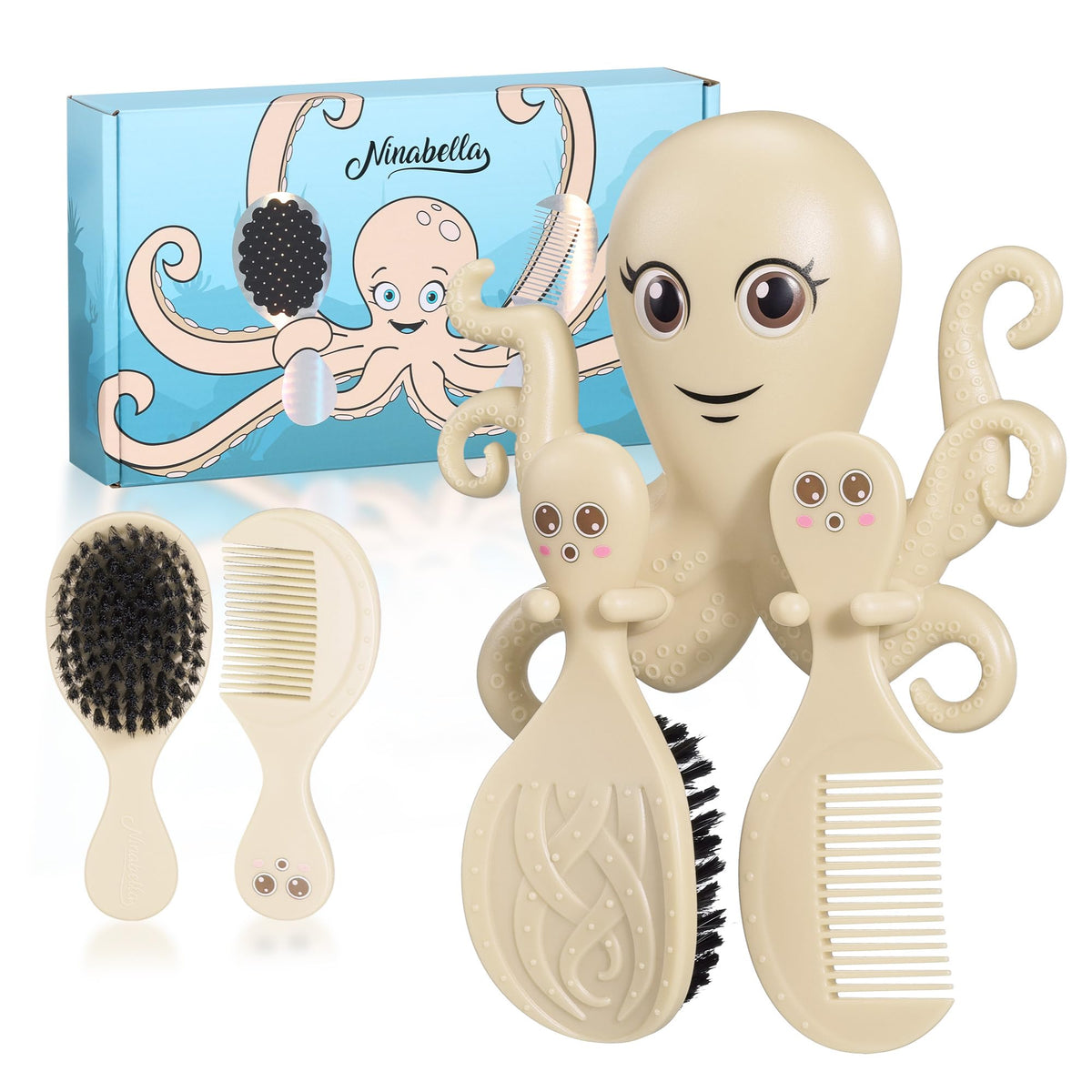 Ninabella Octo wall holder with baby brush and comb for easy bedside access.