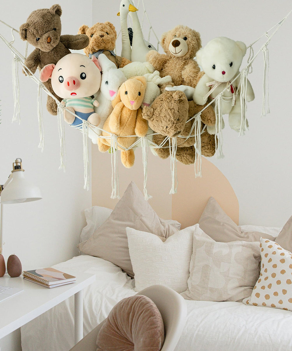 NingHoms beige nursery organizer hammock blends with calm, cozy decor.