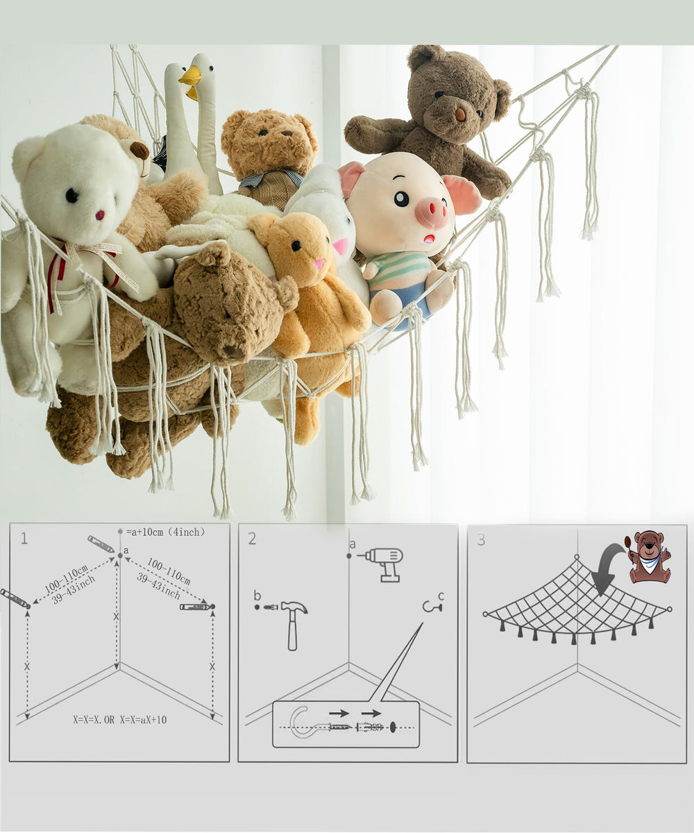 NingHoms wall-mounted hammock ensures quick, sturdy installation for toy organization.