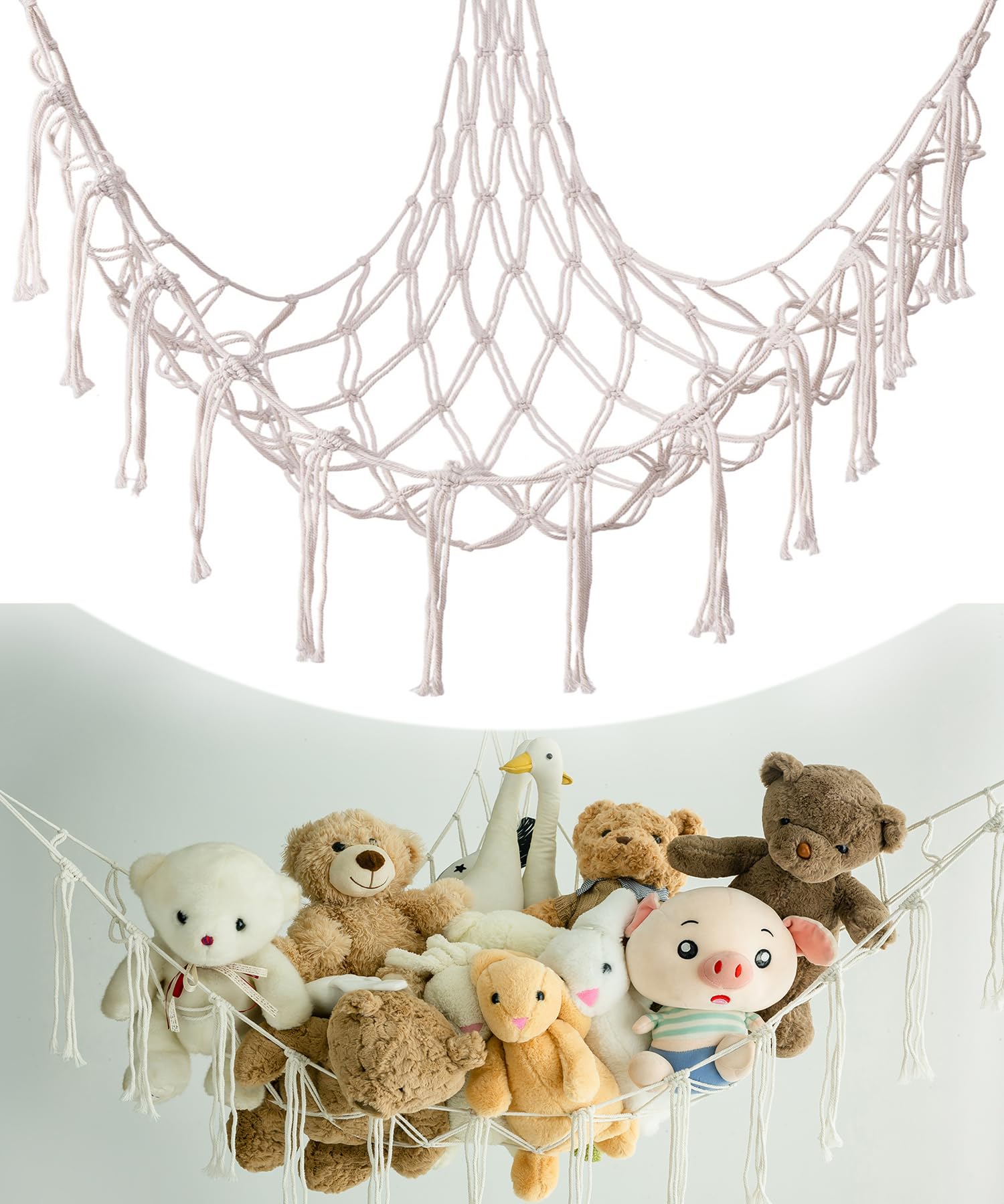 NingHoms stuffed animal hammock in corner holds plush toys while keeping floors clear.