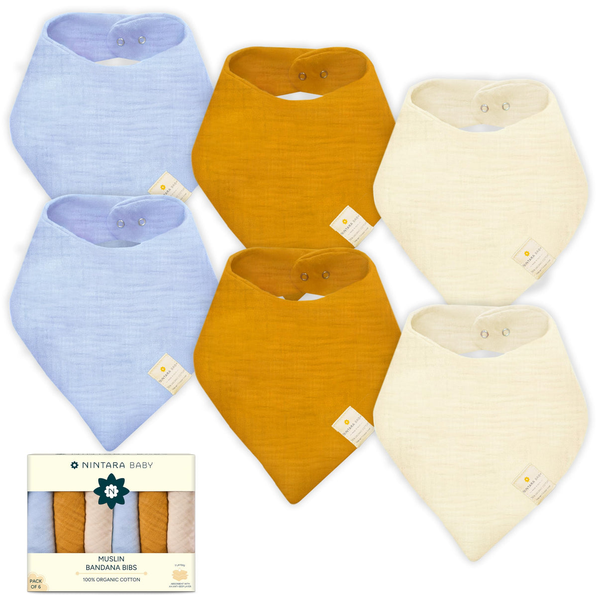 NINTARABABY Bandana Bib with 7-layer absorbent core for mess-free meals.