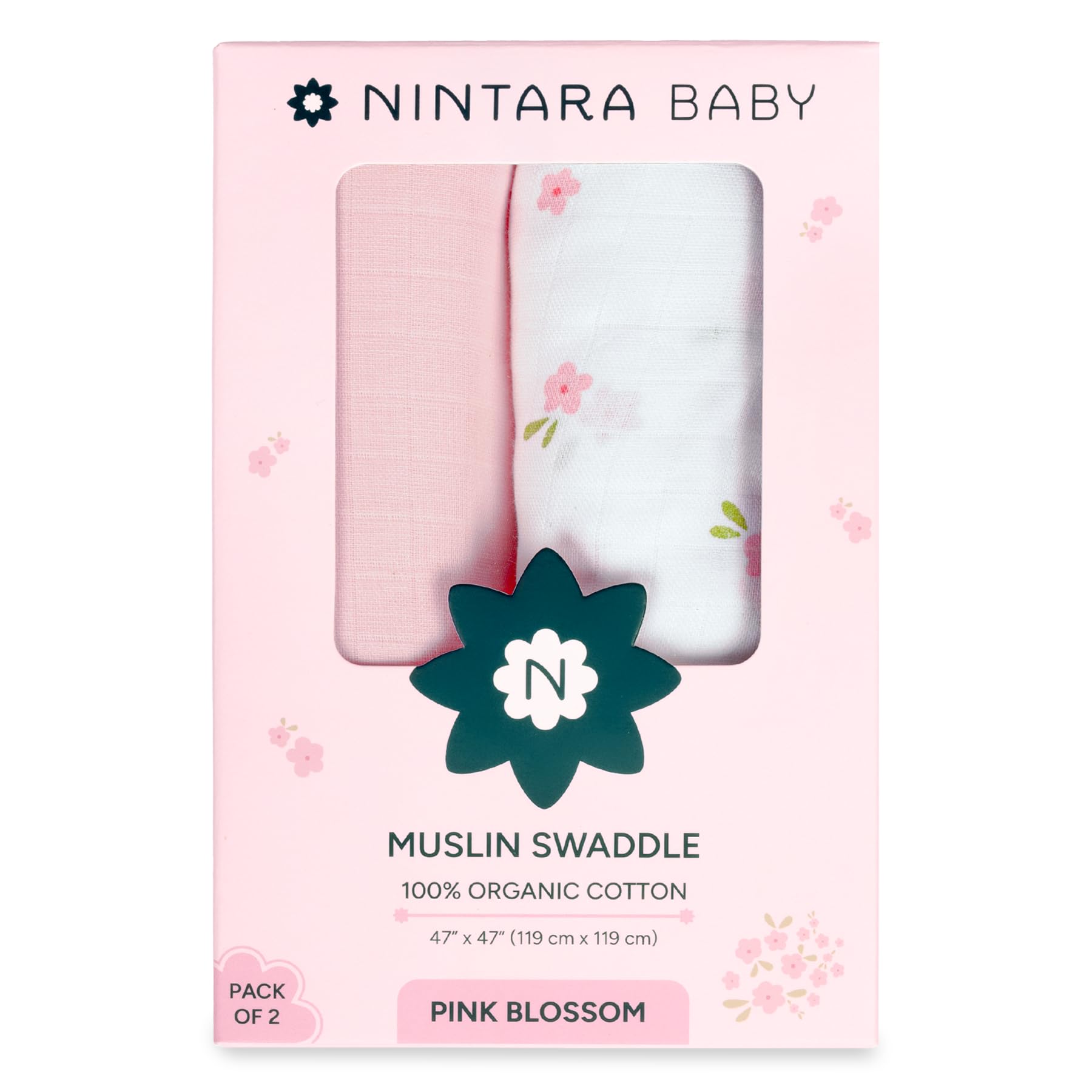 NINTARABABY pink blossom swaddle in two-layer muslin for newborn cuddles