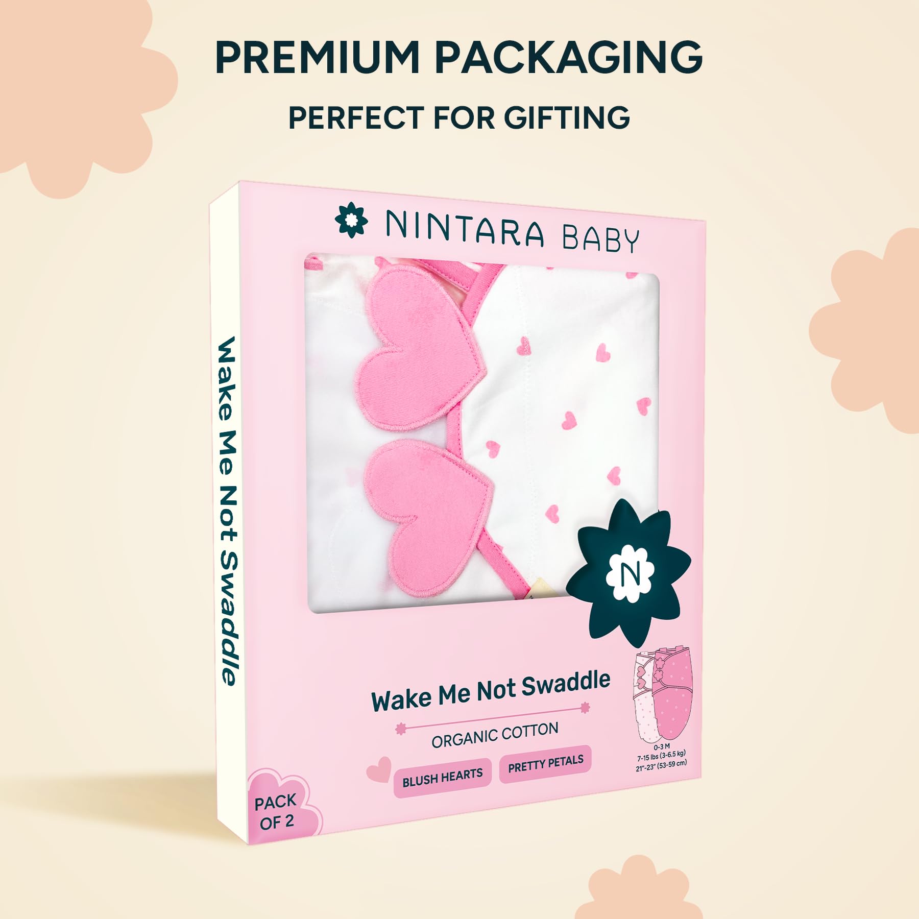 NINTARABABY two-pack swaddles Blush Hearts and Pretty Petals for variety