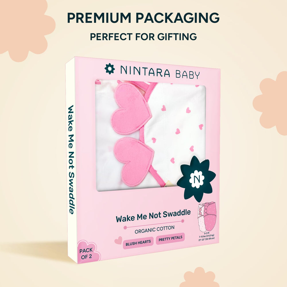 NINTARABABY two-pack swaddles Blush Hearts and Pretty Petals for variety