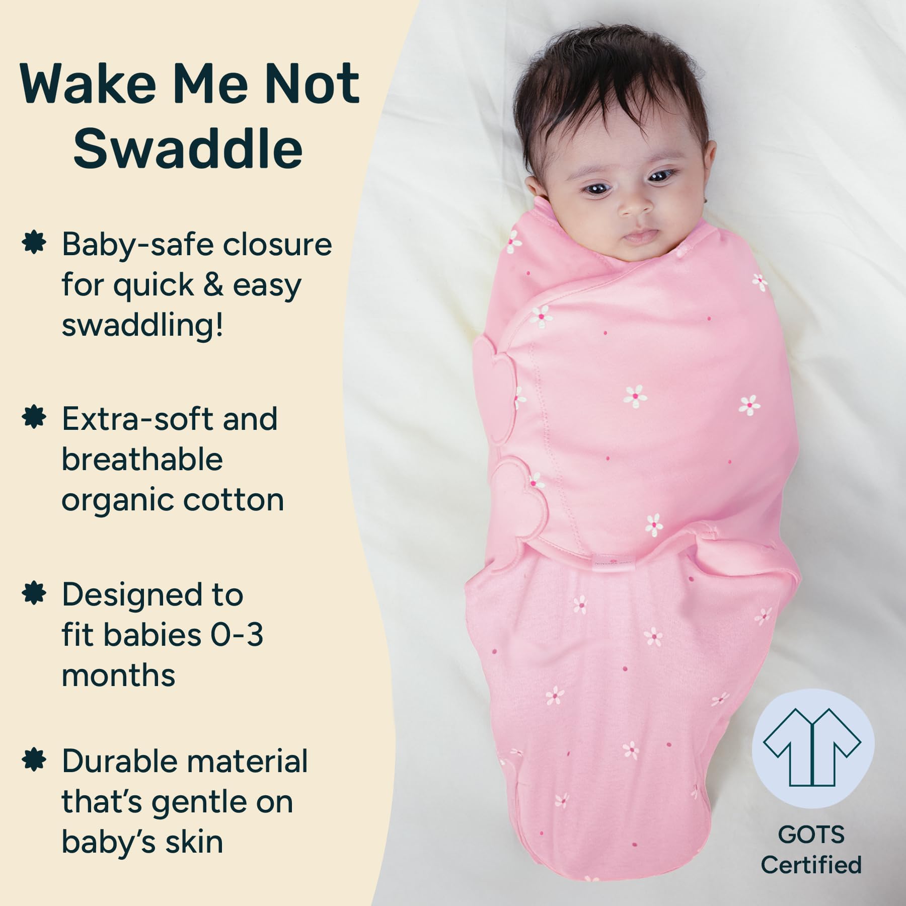 NINTARABABY wake me not swaddle with Pretty Petals supports calm naps