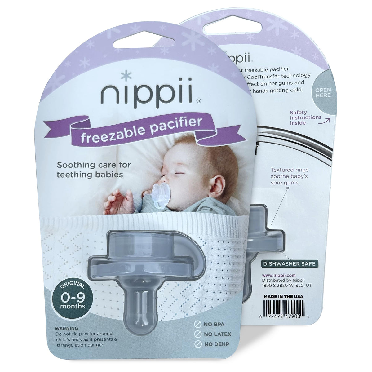 Nippii Freezable Pacifier Teether, front view, cooling relief for babies
