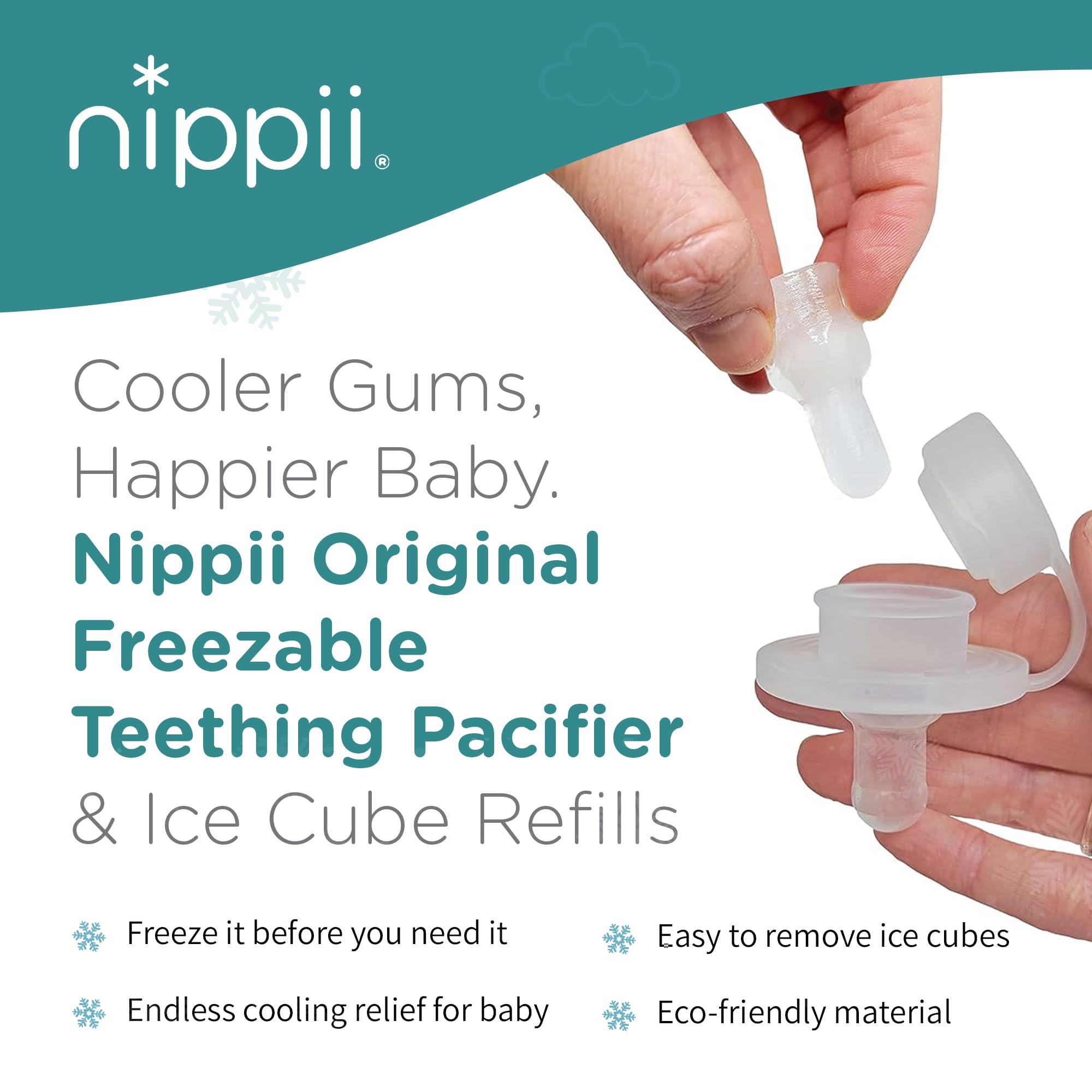 Nippii pacifier close-up reveals soft silicone teether for gentle relief.